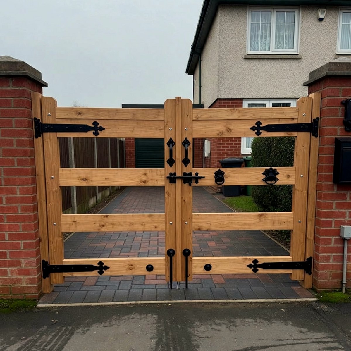 New timber double driveway gates on brick posts